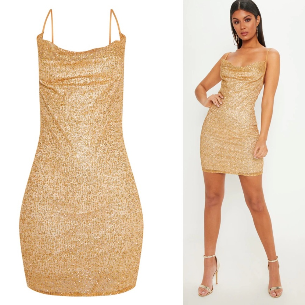Pretty Little Thing Gold Glitter Strappy Cowl Neck Bodycon Dress